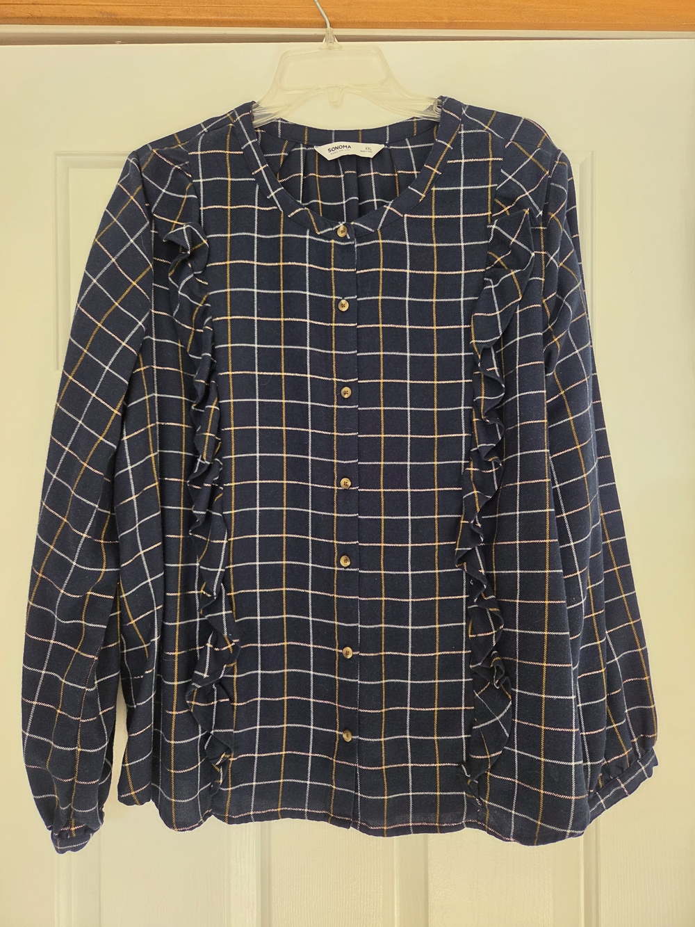 Sonoma Navy Plaid Ruffle Button-Front Top